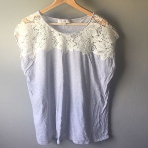 Gray cotton top with lace detail around neck NWOT